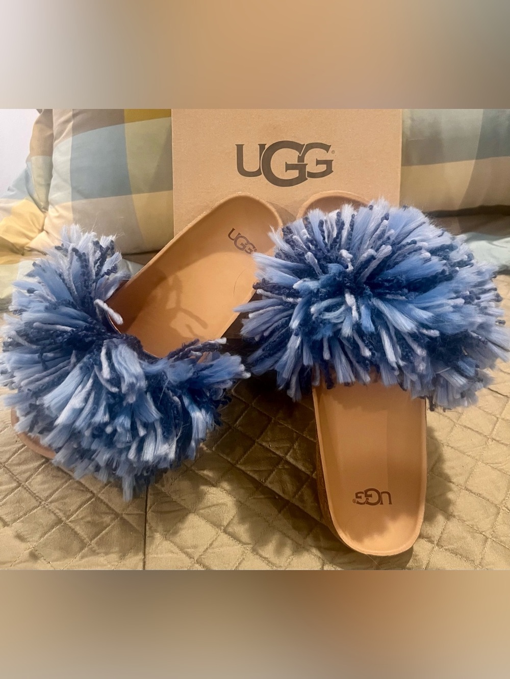 UGG Light and Dark Blue, suede with knit Pom Pom Slide Sandals